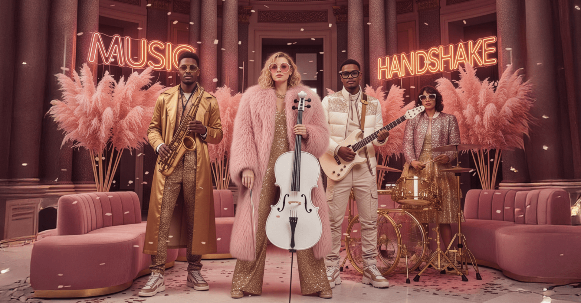 Ett glamouröst band med trummor, cello och gitarr och saxofon står framför rosa soffor med texten Music Handshake i bakgrunden